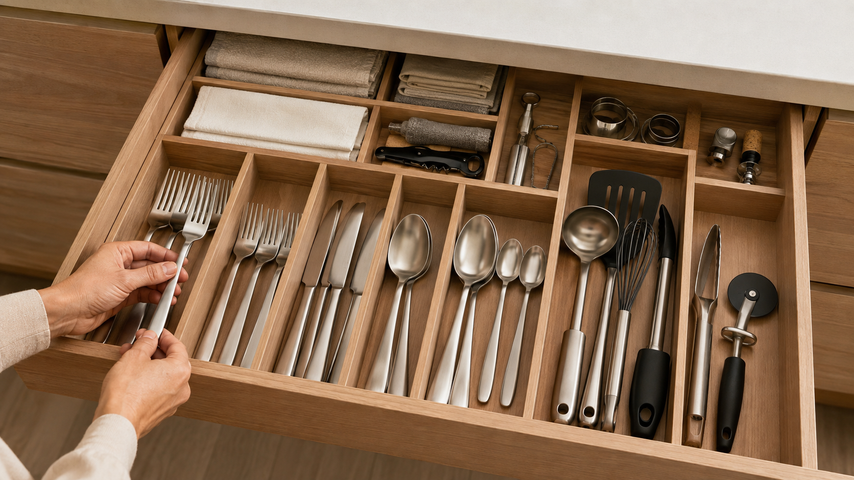 Detalhe de gaveta aberta com divisórias em madeira e utensílios organizados sendo manuseados