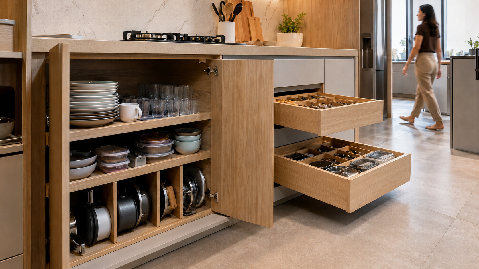 Perspectiva próxima de uma cozinha funcional sob medida em uso