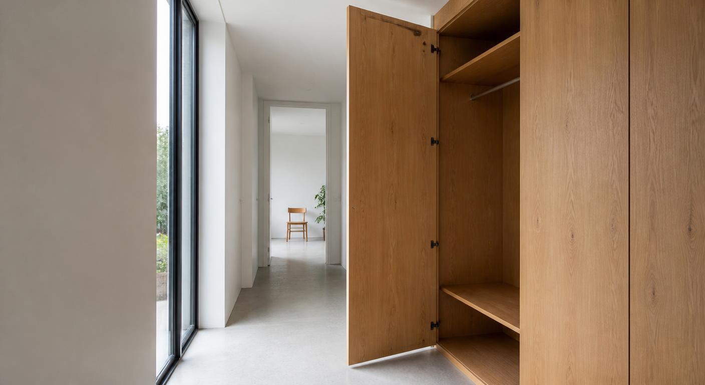 Armário de carvalho em corredor claro com uma porta alta totalmente aberta ocupando parte do espaço de circulação, interior com prateleiras simples
