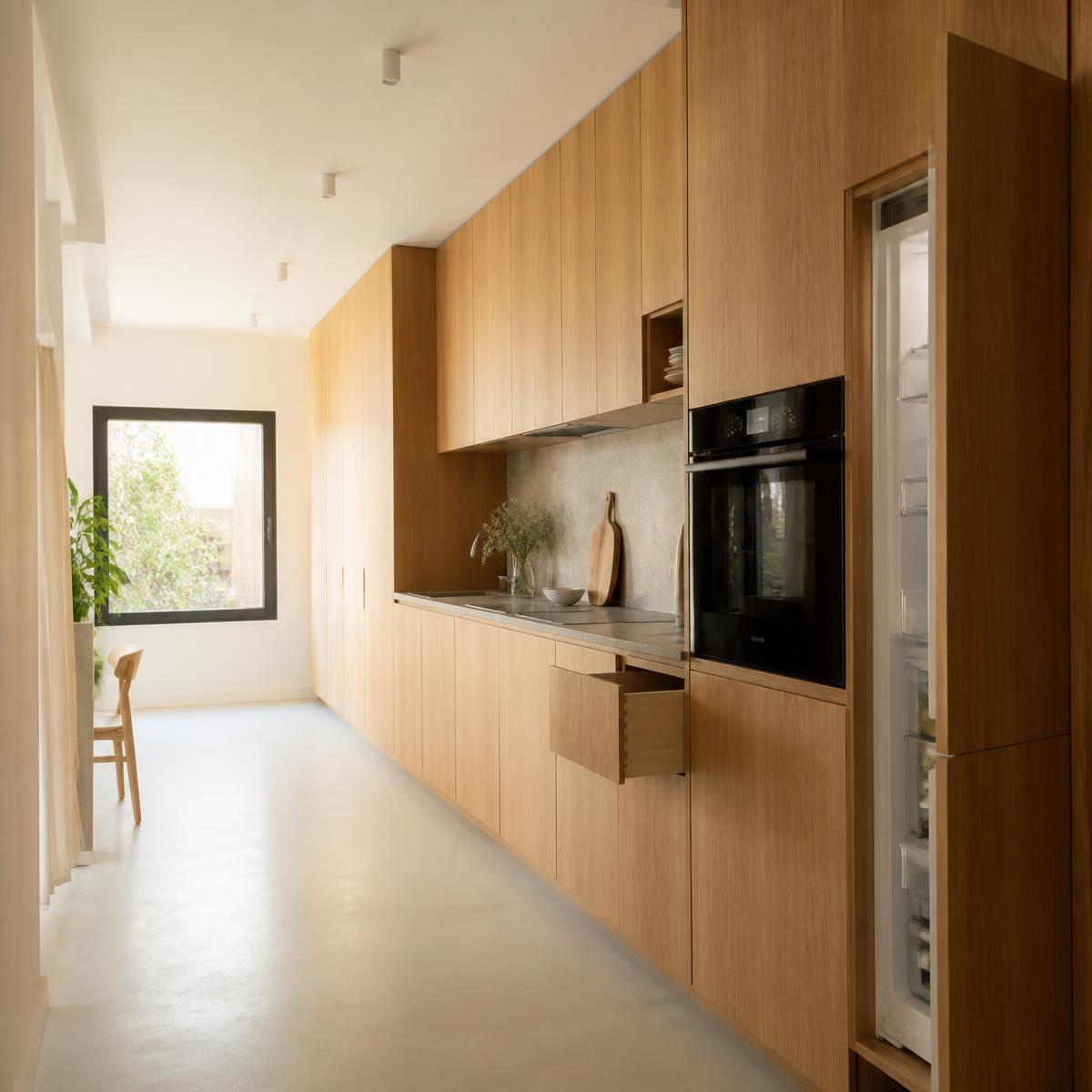 Cozinha planejada em perspectiva com armários de carvalho, bancada de pedra, forno e geladeira integrados, uma gaveta e uma porta parcialmente abertas e corredor livre em primeiro plano
