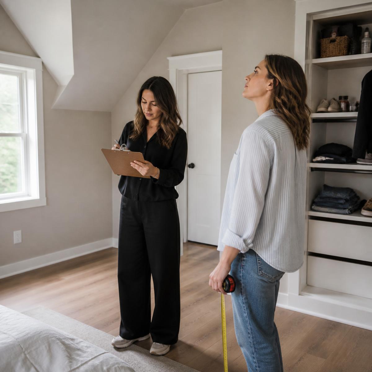 Designer anotando informações durante o levantamento de necessidades em um quarto com a cliente