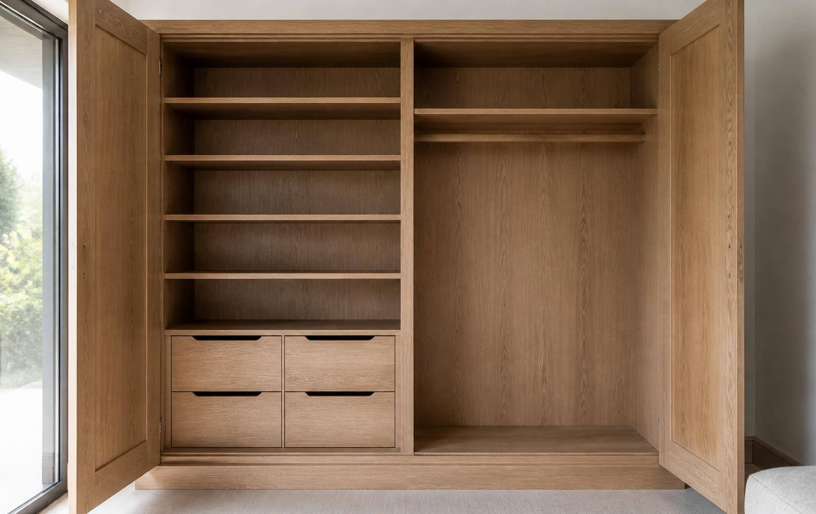 Interior de armário sob medida com um lado organizado em prateleiras e gavetas e o outro lado com vão amplo simplificado