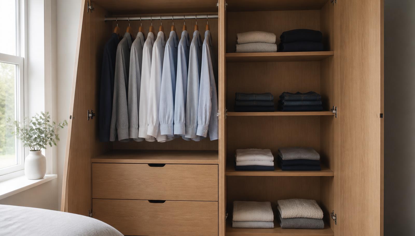 Interior de armário de carvalho organizado com roupas penduradas, prateleiras com peças dobradas e duas gavetas simples