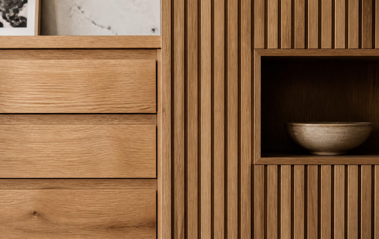 Composição de marcenaria com gaveteiro funcional ao lado de painel ripado decorativo com nicho