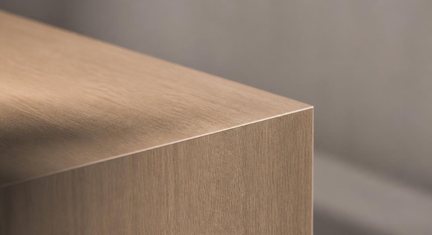 Detalhe macro da borda de um painel de marcenaria finalizado, com fita de borda aplicada e superfície uniforme