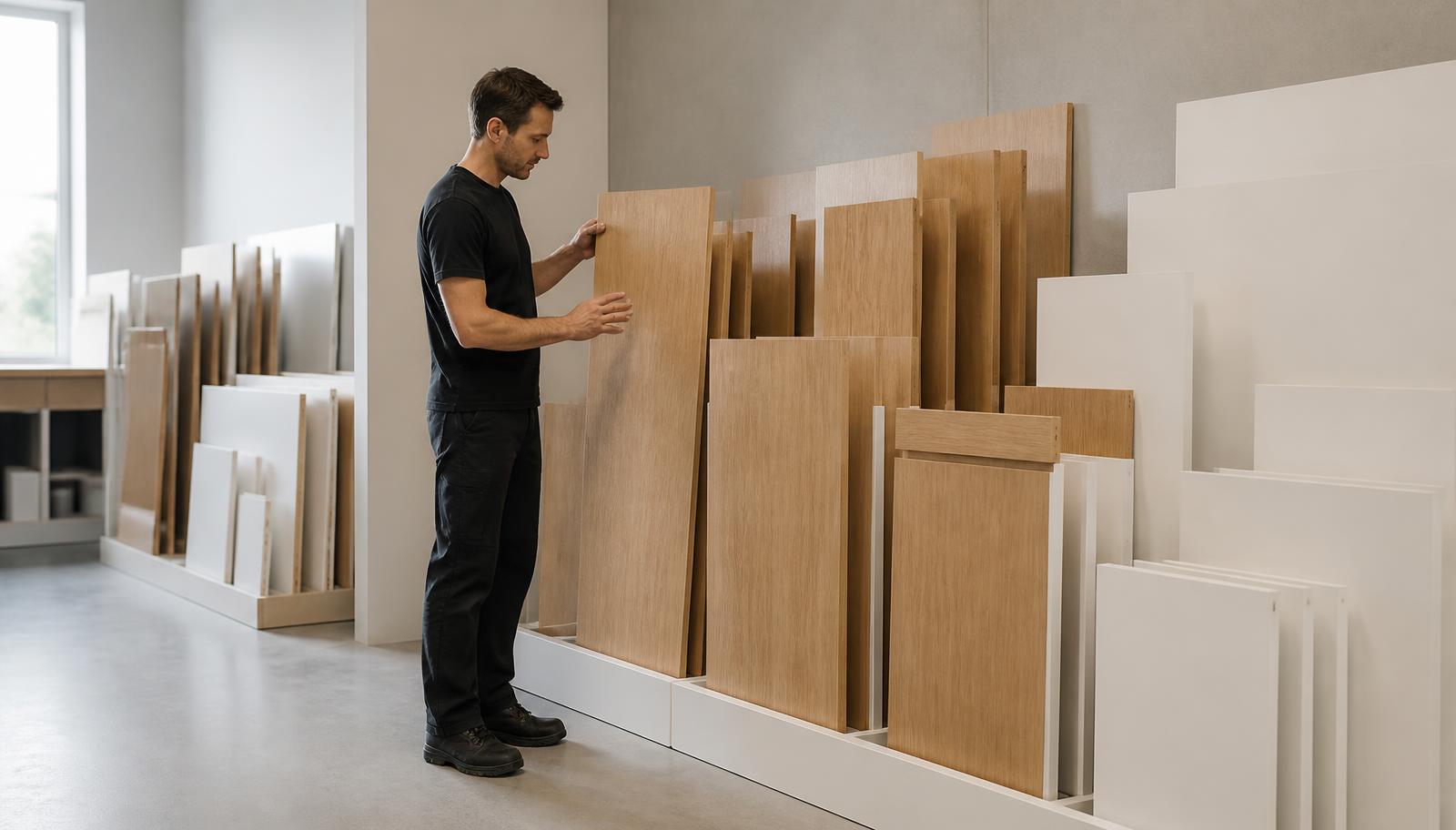 Peças de marcenaria já finalizadas organizadas em um espaço de trabalho limpo, com um profissional realizando conferência visual